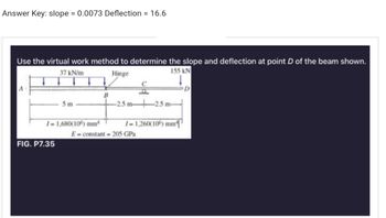 Answer Key: slope = 0.0073 Deflection = 16.6
Use the virtual work method to determine the slope and deflection at point D of the beam shown.
37 kN/m
155 kN
Hinge
5m
1-1,680(106) mm
FIG. P7.35
B
-2.5 m-
-2.5 m-
1-1,260(106) mm
E-constant 205 GPa