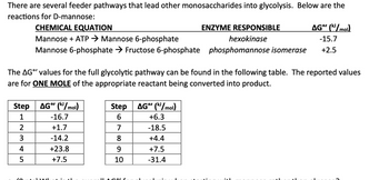 There are several feeder pathways that lead other monosaccharides into glycolysis. Below are the
reactions for D-mannose:
CHEMICAL EQUATION
Mannose + ATP → Mannose 6-phosphate
ENZYME RESPONSIBLE
AG° (kJ/mol)
hexokinase
-15.7
phosphomannose isomerase
+2.5
Mannose 6-phosphate → Fructose 6-phosphate
The AG° values for the full glycolytic pathway can be found in the following table. The reported values
are for ONE MOLE of the appropriate reactant being converted into product.
Step
AG (/mol)
Step
AG" (/mol)
1
-16.7
6
+6.3
2
+1.7
7
-18.5
3
-14.2
8
+4.4
4
+23.8
9
+7.5
5
+7.5
10
-31.4
مل