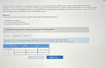 You are a financial analyst for Loch Motor Company and have been asked to determine the impact of alternative depreciation
methods. For your analysis, you have been asked to compare methods based on a machine that cost $126,000. The estimated useful
life is 16 years and the estimated residual value is $11,760. The machine has an estimated useful life in productive output of 204,000
units. Actual output was 23,000 in year 1 and 19,000 in year 2.
Required:
1. For years 1 and 2 only, prepare separate depreciation schedules assuming:
a. Straight-line method.
b. Units-of-production method.
c. Double-declining-balance method.
Complete this question by entering your answers in the tabs below.
Required 1a
Required 1b Required 1c
For years 1 and 2 only, prepare separate depreciation schedules assuming straight-line method.
Note: Do not round intermediate calculations and round your final answers to the nearest dollar amount.
Year
Depreciation
Expense
Accumulated
Depreciation
Net Book Value
At acquisition
1
2
< Required 1a
Required 1b >