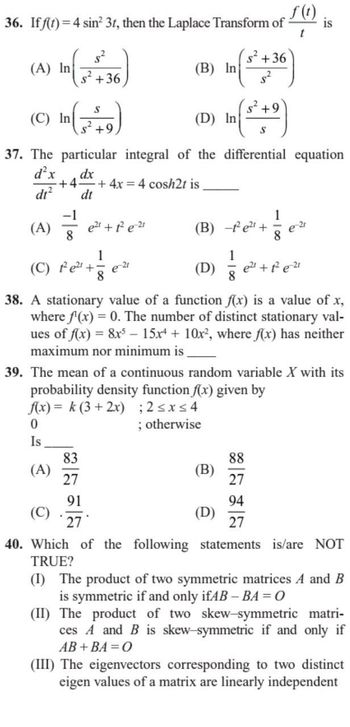 Answered 36 If F T 4 Sin² 3t Then The Laplace… Bartleby