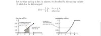 Let the time waiting in line, in minutes, be described by the random variable
X which has the following pdf,
) = { i,
S x, 2< x < 4,
0,
f(x) =
otherwise.
density, pdf f(x)
probability, cdf F(x)
1
probability less than 3
- area under curve,
P(X < 3) = 5/12
probability =
value of function,
F(3) = P(X < 3) = 5/12
2/3
0.75 ·
1/2
probability at 3,
P(X - 3) = 0
1/3
0.25+
4
