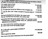 Mr. A, single, inherited a piece of land and a car from her father on March
18. 2020, At inheritance, data on the properties were:
Fair market value of land
Fair market value of car
Mortgage on the land
Mr. A's payment during her lifetime on the mortgage was
On July 29, 2021, Mr. A died. Included in his gross estate of P4,500,000
P1,600,000
240,000
600,000
P100,000
was:
The land inherited from the father, fair market value
The car inherited from the father, fair market value
Deductions from the gross estate of Miss C for expenses, losses,
indebtedness, unpaid mortgage, taxes, etc., (selected ordinary
deductions) amounted to
P1,800,000
100,000
600,000
(a) How much is the vanishing deduction?
(b) How much is the net taxable estate?
Mr. Z died with a gross estate consisting of.
Family home
has
P13,000,000
500,000
Claims against the estate
How much is the total of deductions from the gross estate?
