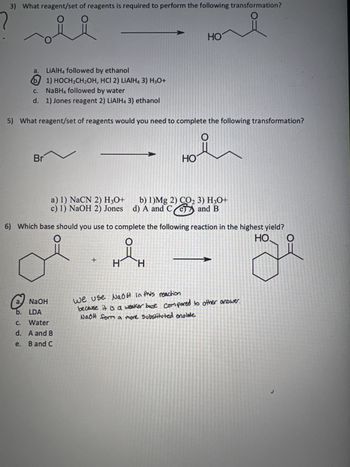 a)
1) The following reaction will not work as written. How can the scientist change this reaction to
form the desired product as the major product?
(CH3)2Cu-Li+, then H3O+
OH
a
Use H3CMgBr rather than (CH3)2Cu-Li+ as the first step of the reaction
b. Add 2 equivalents of (CH3)2Cu-Li+
C.
Use ethanol in the second step rather than hydronium ion
d. Protect the ketone before adding (CH3)2Cu-Li+
2) What is the major product of the following reaction?
0
1. NaOCH3
?
2. H3O+
OCH3
alls o ge
авто
d)
of