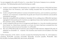 You are engaged in the audit of Eunise Co., a new client. The Eunise Company is on a calendar
year basis. The following data were found during your audit:
a) Goods in transit shipped FOB destination by a supplier in the amount of P20,000 had been
excluded from the inventory, and further testing revealed that the purchase had been
recorded.
b) Goods costing P10,000 had been received, included in inventory, and recorded as a purchase.
However, your inspection revealed that the goods were found to be defective and would be
immediately returned.
c) Materials costing P50,000 and billed on December 30 at a selling price of P64,000, had been
segregated in the warehouse for inventory as a signed purchase order had been received from
the customer. Terms, FOB destination.
d) Goods costing P14,000 was out on consignment with Mariel, Inc. Since the monthly statement
from Mariel, Inc. listed those materials as on hand, the items had been excluded from the
final inventory and invoiced on December 31 at P16,000.
e) The sale of P30,000 worth of materials and costing P24,000 had been shipped FOB point of
shipment on December 31. However, this inventory was found to be included in the final
inventory.
Further inspection of the client's records revealed the following December 31, 2021 balances:
Inventory, P220,000; Accounts receivable, P104,000; Accounts payable, P138,000; Sales
P1,010,000; Purchases; #640,000; Net income, P180,400.
