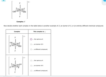 F
F
Fe
OH
OH
F
F
w
Complex A
Now decide whether each complex in the table below is another example of A, an isomer of A, or an entirely different chemical compound.
Complex
F
This complex is ...
...
the same as A
OH
F
Fe
F
F
OH
... an isomer of A
a different compound.
F
F
OH
Fe
F
F
F
3-
the same as A
... an isomer of A
a different compound.