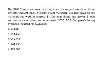 The R&R Company's manufacturing costs for August are: direct labor,
$26,500; indirect labor, $11,000; direct materials, $30,300; taxes on raw
materials and work in process, $1,700; heat, lights, and power, $1,900;
and insurance on plant and equipment, $650. R&R Company's factory
overhead incurred for August is:
a. $3,800
b. $11,450
c. $15,250
d. $41,750
e. $71,600