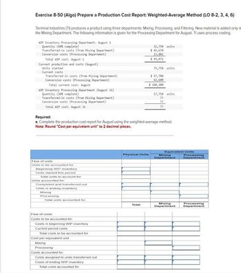 Exercise 8-50 (Algo) Prepare a Production Cost Report: Weighted-Average Method (LO 8-2, 3, 4, 6)
Terminal Industries (Tl) produces a product using three departments: Mixing, Processing, and Filtering. New material is added only in
the Mixing Department. The following information is given for the Processing Department for August. Tl uses process costing.
WIP Inventory Processing Department: August 1
Quantity (60% complete)
Transferred-in costs (from Mixing Department)
Conversion costs (Processing Department)
Total WIP cost: August 1
Current production and costs (August)
Units started
Current costs
Transferred-in costs (from Mixing Department)
Conversion costs (Processing Department)
Total current cost: August
WIP Inventory Processing Department (August 31)
Quantity (20% complete)
Transferred-in costs (from Mixing Department)
Conversion costs (Processing Department)
Total WIP cost: August 31
Required:
32,750 units
$ 45,670
13,802
$ 59,472
79,750 units
$ 97,700
62,600
$ 160,300
17,750 units
??
??
??
a. Complete the production cost report for August using the weighted-average method.
Note: Round "Cost per equivalent unit" to 2 decimal places.
Flow of units
Cuts to be accounted for
Beginning WIP inventory
Units started this period
Total units to account for
Units accounted for
Completed and transferred out
Units in ending inventory
Mixing
Processing
Total units accounted for
Flow of costs
Costs to be accounted for
Costs in beginning WIP inventory
Current period costs
Total costs to be accounted for
Cost per equivalent unit
Mixing
Processing
Costs accounted for:
Costs assigned to units transferred out
Costs of ending WIP inventory
Total costs accounted for
Physical Units
Equivalent Units
Mixing
Department
Processing
Department
Total
Mixing
Department
Processing
Department