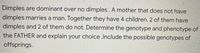 Dimples are dominant over no dimples. A mother that does not have
dimples marries a man. Together they have 4 children. 2 of them have
dimples and 2 of them do not. Determine the genotype and phenotype of
the FATHER and explain your choice .Include the possible genotypes of
offsprings.
