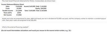 The most recent financial statements for Mixton, Incorporated, are shown here:
Income Statement Balance Sheet
$ 40,000
27,200
$ 12,800
2,816
$ 9,984
Sales
Costs
Taxable income
Taxes (22%)
Net income
Assets $ 147,000 Debt $43,000
Equity 104,000
Total $ 147,000 Total $147,000
Assets and costs are proportional to sales; debt and equity are not. A dividend of $3,400 was paid, and the company wishes to maintain a constant payout
ratio. Next year's sales are projected to be $46,400.
What is the external financing needed?
(Do not round intermediate calculations and round your answer to the nearest whole number, e.g., 32.)
