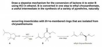 A
Draw a stepwise mechanism for the conversion of lactone A to ester B
using HCI in ethanol. B is converted in one step to ethyl chrysanthemate,
a useful intermediate in the synthesis of a variety of pyrethrins, naturally
occurring insecticides with three-membered rings that are isolated from
chrysanthemums
HCI
OH
B
one step
ethyl chrysanthemate