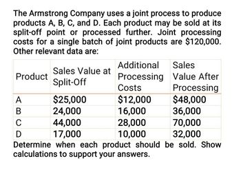 The Armstrong Company uses a joint process to produce
products A, B, C, and D. Each product may be sold at its
split-off point or processed further. Joint processing
costs for a single batch of joint products are $120,000.
Other relevant data are:
Additional
Sales
Sales Value at
Product
Processing
Value After
Split-Off
Costs
Processing
A
$25,000
$12,000
$48,000
B
24,000
16,000
36,000
C
44,000
28,000
70,000
D
17,000
10,000
32,000
Determine when each product should be sold. Show
calculations to support your answers.