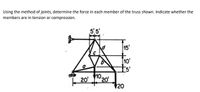 Using the method of joints, determine the force in each member of the truss shown. Indicate whether the
members are in tension or compression.
5'5'
15'
[10'
15'
1020
20'
120
