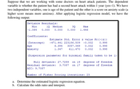 Suppose that we are working with some doctors on heart attack patients. The dependent
variable is whether the patient has had a second heart attack within 1 year (yes=1). We have
two independent variables, one is age of the patient and the other is a score on anxiety scale (a
higher score means more anxious). After applying logistic regression model, we have the
following output:
Deviance Residuals:
Min
10 Median
30
Мах
|-1.064
0.000
0.000
0.000
1.446
Coefficients:
Estimate Std. Error z value Pr (>|z|)
(Intercept)
-471.441 223186.509
-0.002
0.998
Age
6.394
3057.349
0.00
0.99
Anxiety
0.002
1.347
611.470
0.998
(Dispersion parameter for binomial family taken to be 1)
Null deviance: 27.7259 on 19 degrees of freedom
Residual deviance:
AIC: 9.7087
3.7087 on 17 degrees of freedom
Number of Fisher Scoring iterations: 23
a. Determine the estimated logistic regression equation.
b. Calculate the odds ratio and interpret.
