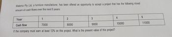 Malema Pty Ltd, a furniture manufacturer, has been offered an opportunity to accept a project that has the following mixed
stream of cash flows over the next 5 years:
2
Year
1
3
Cash flow
7000
8000
9000
If the company must earn at least 12% on this project. What is the present value of this project?
4
10000
5
11000