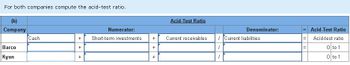 For both companies compute the acid-test ratio.
0 to 11
(b)
Company
Acid-Test Ratio
Numerator:
Denominator:
Acid-Test Ratio
Cash
+
Short-term investments
+
Current receivables
Current liabilities
=
Acid-test ratio
II
Barco
+
+
=
0 to 1
Kyan
+
+