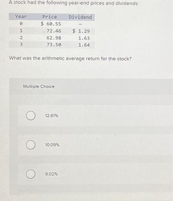 A stock had the following year-end prices and dividends:
Year
0
1
23
Multiple Choice
O
Price
$ 60.55
72.46
62.98
73.50
What was the arithmetic average return for the stock?
O
O
12.61%
10.09%
Dividend
9.02%
$ 1.29
1.63
1.64