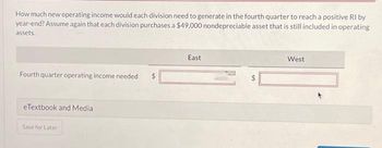 How much new operating income would each division need to generate in the fourth quarter to reach a positive RI by
year-end? Assume again that each division purchases a $49,000 nondepreciable asset that is still included in operating
assets.
Fourth quarter operating income needed
eTextbook and Media
Save for Later
East
West