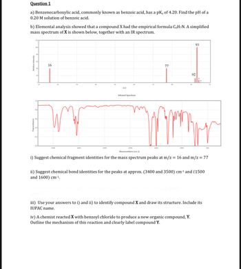 Question 1
a) Benzenecarboxylic acid, commonly known as benzoic acid, has a pK₁ of 4.20. Find the pH of a
0.20 M solution of benzoic acid.
b) Elemental analysis showed that a compound X had the empirical formula C6H₂N. A simplified
mass spectrum of X is shown below, together with an IR spectrum.
Relative Intensity
120
100
80
20
0.8
0.2
0.0
10
16
3500
20
30
3000
40
2500
50
m/z
60
Infrared Spectrum
2000
70
1500
77
80
1000
90
93
92
TR
iv) A chemist reacted X with benzoyl chloride to produce a new organic compound, Y.
Outline the mechanism of this reaction and clearly label compound Y.
Wavenumbers (cm-1)
i) Suggest chemical fragment identities for the mass spectrum peaks at m/z = 16 and m/z = 77
ii) Suggest chemical bond identities for the peaks at approx. (3400 and 3500) cm-¹ and (1500
and 1600) cm-¹.
iii) Use your answers to i) and ii) to identify compound X and draw its structure. Include its
IUPAC name.
10
500