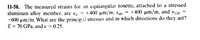 11-58. The measured strains for an equiangular rosette, attached to a stressed
aluminum alloy member, are ɛ = +400 µm/m, Ew = +400 µm/m, and ɛ120 =
-600 µm/m. What are the principal stresses and in which directions do they act?
E = 70 GPa, and v = 0.25.
