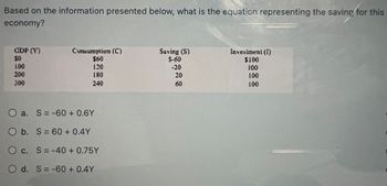 Based on the information presented below, what is the equation representing the saving for this
economy?
GDP (Y)
$0
100
200
300
Cunsumption (C)
$60
120
180
240
Oa. S = -60 + 0.6Y
O b. S = 60+ 0.4Y
O c. S = -40 +0.75Y
O d. S= -60+ 0.4Y
Saving (S)
S-60
-20
20
60
Investment (1)
$100
100
100
100