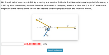 10. A small ball of mass m₁ = 0.240 kg is moving at a speed of 3.00 m/s. It strikes a stationary larger ball of mass m2
0.570 kg. After the collision, the balls follow the path shown in the figure, where a = 28.0° and 3 = 53.0°. What is the
magnitude of the velocity of the smaller ball after the collision? (Neglect friction and rotational motion.)
V₁f
a
В
V2f
0.6004102804 m/s
Submit Assignment
V