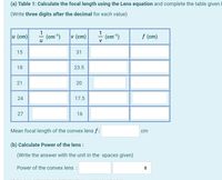 (a) Table 1: Calculate the focal length using the Lens equation and complete the table given I
(Write three digits after the decimal for each value)
u (cm) - (cm"1)
1
v (cm)
는 (cm'1)
f (cm)
V
15
18
23.5
20
17.5
27
16
Mean focal length of the convex lens f:
cm
(b) Calculate Power of the lens :
(Write the answer with the unit in the spaces given)
Power of the convex lens :
31
21
24
