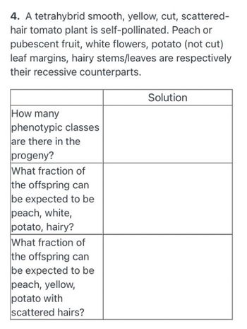 4. A tetrahybrid smooth, yellow, cut, scattered-
hair tomato plant is self-pollinated. Peach or
pubescent fruit, white flowers, potato (not cut)
leaf margins, hairy stems/leaves are respectively
their recessive counterparts.
How many
phenotypic classes
are there in the
progeny?
What fraction of
the offspring can
be expected to be
peach, white,
potato, hairy?
What fraction of
the offspring can
be expected to be
peach, yellow,
potato with
scattered hairs?
Solution