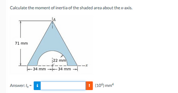 Calculate the moment of inertia of the shaded area about the x-axis.
71 mm
Answer: Ix
=
22 mm
-34 mm 34 mm
i
-*--
-x
! (106) mm4