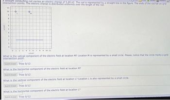 Pack
A straight conducting rod carries an electric charge of 5.49 nC. The rod is represented by a straight line in the figure. The ends of the rod fall on grid
intersection points. The electric charge is distributed uniformly over the length of the rod.
y (cm)
3
11
10
D
B
7
2
1
0
0
t
OM
01234567 8 9 10 11
(cm)
What is the vetical component of the electric field at location M? Location M is represented by a small circle. Please, notice that the circle marks a grid
intersection point.
Submit Answer Tries 0/12
What is the horizontal component of the electric field at location M?
Submit Answer Tries 0/12
What is the vertical component of the electric field at location L? Location L is also represented by a small circle.
Submit Answer Tries 0/12
What is the horizontal component of the electric field at location L?
Submit Anewer Tries 0/12