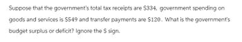 Suppose that the government's total tax receipts are $334, government spending on
goods and services is $549 and transfer payments are $120. What is the government's
budget surplus or deficit? Ignore the $ sign.