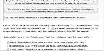 You get a degree that involves using a specific piece of technology. Three years after you get your degree, new technology is invented that makes your
job unnecessary. You have to change careers, and your new career uses some skills that you learned in your core classes.
Some students may have had to learn to use the slide rule in classes that were unrelated to their major. For some of these students, the electronic
calculator would have made the slide rule obsolete even before they finished their degrees.
Your college requires you to take at least one philosophy class. Unfortunately, you loathe philosophy with every ounce of your being.
A leading business newspaper recently reported that nursing majors have an unemployment rate of around 2% while clinical
psychology majors have an unemployment rate of over 19%. Suppose school officials want to maximize student welfare and
view clinical psychology as being a "riskier" major (in terms of getting a job using those skills) than is nursing.
Holding all else equal, which of the following changes should school officials make to maximize student welfare?
☐ Require clinical psychology majors to take more classes outside of their field than nursing majors.
Make nursing and clinical psychology majors take the same number of classes outside of their fields.
Require clinical psychology majors to take fewer classes outside of their field than nursing majors.