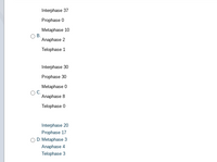 Interphase 37
Prophase 0
Metaphase 10
В.
Anaphase 2
Telophase 1
Interphase 30
Prophase 30
Metaphase 0
C.
Anaphase 8
Telophase 0
Interphase 20
Prophase 17
D. Metaphase 3
Anaphase 4
Telophase 3
