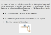 An object of mass m1 = 3.80-kg placed on a frictionless, horizontal
table is connected to a string that passes over a pulley and then is
fastened to a hanging object of mass m2 = 7.20-kg as shown in the
figure.
%3D
• a) Draw free-body diagrams of both objects.
b)Find the magnitude of the acceleration of the objects.
• ) Find the tension in the string.
