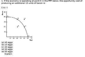 1. If the economy is operating at point C in the PPF below, the opportunity cost of
producing an additional 15 units of bacon is:
Exhib: 6
Bacon
50
40
30
20
10
20
20
(a) 40 eggs
(b) 10 eggs
(c) 20 eggs
(d) 30 eggs
(e) 50 eggs
Explain:
E
40 50 60 70
Fus