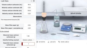 Lab Data
Volume sodium carbonate (mL)
Molarity sodium carbonate (M)
Volume calcium chloride (mL)
Molarity calcium chloride (M)
Observations
The measurement became 200
Mass filter paper (g)
Mass filter paper + precipitate (g)
Calculated
Observed mass calcium
carbonate (g)
Identify limiting reactant
Expected mass calcium
carbonate (g)
Percent vield (%)
99.0
0.20
100.0
0.20
- X
0.26
2.09
1.83
Sodium carbon
1
91
MY NOTES
DI
Water
LAB DATA
SHOW LABELS
Wash/Waste
2.09 g
TARE