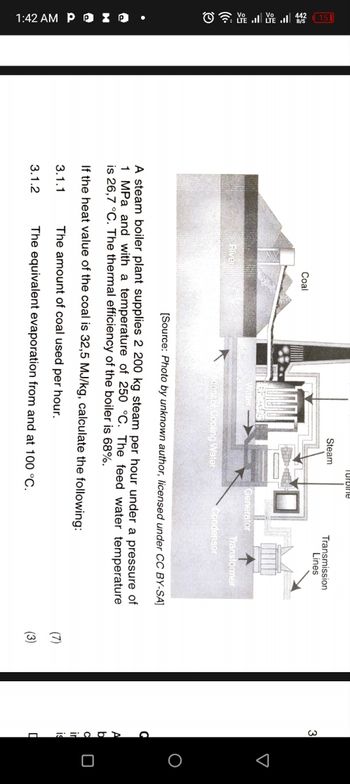 E. VIE.1 442
1:42 AM PIO.
Coal
Water
River
Turbine
Steam
Transmission
Lines
3
Generator
Transformer
densör Cooling Water
Condenser
[Source: Photo by unknown author, licensed under CC BY-SA]
A steam boiler plant supplies 2 200 kg steam per hour under a pressure of
1 MPa and with a temperature of 250 °C. The feed water temperature
is 26,7 °C. The thermal efficiency of the boiler is 68%.
If the heat value of the coal is 32,5 MJ/kg, calculate the following:
3.1.1
The amount of coal used per hour.
3.1.2
The equivalent evaporation from and at 100 °C.
A
(7)
is
(3)
D
O
ㅁ