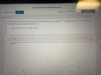 i
Assignment Score: 18.5%
AA
Question 3 of 13 >
Macmillan Learning
E =
0.7
assessments.macmillanlearning.com
Incorrect
Resources
Feedback
Calculate the cell potential for the reaction as written at 25.00 °C, given that [Cr2+] = 0.840 M and [Fe2+] = 0.0150 M. Use
the standard reduction potentials in this table.
Cr(s) + Fe²+ (aq) = Cr²+ (aq) + Fe(s)
Try Again
Attempt 2
V