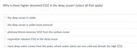 Why is there higher dissolved CO2 in the deep ocean? (select all that apply)
the deep ocean is colder
the deep ocean is under more pressure
photosynthesis removes CO2 from the surface ocean
respiration releases CO2 in the deep ocean
most deep water comes from the poles, where water starts out very cold and already has high C02
