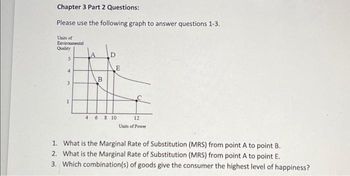 Chapter 3 Part 2 Questions:
Please use the following graph to answer questions 1-3.
Units of
Environmental
Quality
5
4
3
B
D
E
4 6 8 10
12
Units of Power
1. What is the Marginal Rate of Substitution (MRS) from point A to point B.
2. What is the Marginal Rate of Substitution (MRS) from point A to point E.
3. Which combination(s) of goods give the consumer the highest level of happiness?