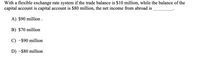 With a flexible exchange rate system if the trade balance is $10 million, while the balance of the
capital account is capital account is $80 million, the net income from abroad is
A) $90 million .
B) $70 million
C) -$90 million
D) -$80 million
