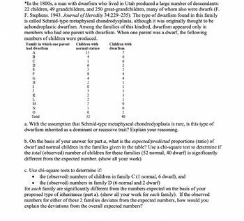 *In the 1800s, a man with dwarfism who lived in Utah produced a large number of descendants:
22 children, 49 grandchildren, and 250 great-grandchildren, many of whom also were dwarfs (F.
F. Stephens. 1943. Journal of Heredity 34:229-235). The type of dwarfism found in this family
is called Schmid-type metaphyseal chondrodysplasia, although it was originally thought to be
achondroplastic dwarfism. Among the families of this kindred, dwarfism appeared only in
members who had one parent with dwarfism. When one parent was a dwarf, the following
numbers of children were produced.
Family in which one parent
had dwarfism
B
E
F
J
K
L
M
N
O
Total
Children with
normal stature
15
4
1
6
2
8
4
1
52
Children with
dwarfism
7
6
6
c. Use chi-square tests to determine if:
2
4
3
0
0
2
40
a. With the assumption that Schmid-type metaphyseal chondrodysplasia is rare, is this type of
dwarfism inherited as a dominant or recessive trait? Explain your reasoning.
b. On the basis of your answer for part a, what is the expected/predicted proportions (ratio) of
dwarf and normal children in the families given in the table? Use a chi-square test to determine if
the total (observed) number of children for these families (52 normal, 40 dwarf) is significantly
different from the expected number. (show all your work)
the (observed) numbers of children in family C (1 normal, 6 dwarf), and
the (observed) numbers in family D (6 normal and 2 dwarf)
for each family are significantly different from the numbers expected on the basis of your
proposed type of inheritance (part a). (show all your work for each family). If the observed
numbers for either of these 2 families deviates from the expected numbers, how would you
explain the deviations from the overall expected numbers?
