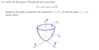 (7) Verify the Divergence Theorem for the vector field
F = azi + yzj +32²k
defined in the solid bounded by the paraboloid z = r? + y² and the plane z = 1, as
shown below;
