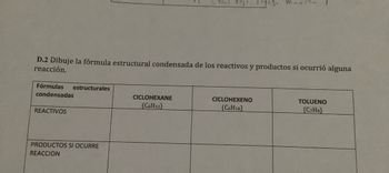 Fórmulas estructurales
condensadas
D.2 Dibuje la fórmula estructural condensada de los reactivos y productos si ocurrió alguna
reacción,
REACTIVOS
PRODUCTOS SI OCURRE
REACCION
(4) Yuj
CICLOHEXANE
(C6H12)
marr
CICLOHEXENO
(C6H10)
TOLUENO
(C7H8)