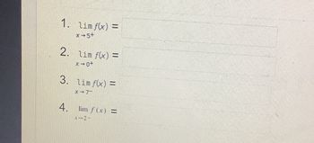 1. lim f(x) =
*-5+
2. lim f(x) =
+0-x
3. lim f(x) =
X-7-
4. lim f(x) =
1-24