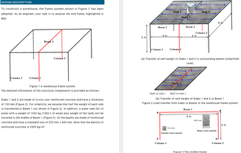 DESIGN DESCRIPTION
To construct a warehouse, the frame system shown in Figure 1 has been
adopted. As an engineer, your task is to analyse the mid frame, highlighted in
RED.
Column 3
Column 1
Beam 1
Columb 2
Slab 1
Beam 1
Slab 2
Beam 2
Beam 3
Column 2
5 m
5 m
5 m
Column 3
Column 1
8 m
(a) Transfer of self-weight of Slabs 1 and 2 to surrounding beams (simplified
case)
Beam 1
Figure 1 A warehouse frame system
The detailed information of the structural components is provided as follows:
Slabs 1 and 2 are made of in-situ cast reinforced concrete and have a thickness
of 150 mm (Figure 2). For simplicity, we assume that half the weight of each slab
is transferred to Beam 1 (as shown in Figure 2). In addition, a water tank full of
water with a weight of 1042 kg (1000 L of water plus weight of the tank) will be
installed in the middle of Beam 1 (Figure 2). All the beams are made of reinforced
concrete and have a standard size of 225 mm x 600 mm. Note that the density of
reinforced concrete is 2500 kg/m³.
Half of slab 1
Half of slab 2
(b) Transfer of self-weight of Slabs 1 and 2 to Beam 1
Figure 2 Load transfer from slabs to beams in the warehouse frame system
A
Beam 1
8 m
600 mm
5 m
125 mm
225 mm
Beam cross section
Column cross section
C
Column 1
D
Column 2
Figure 3 The middle frame