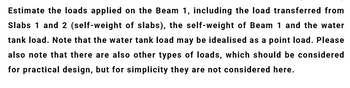 Estimate the loads applied on the Beam 1, including the load transferred from
Slabs 1 and 2 (self-weight of slabs), the self-weight of Beam 1 and the water
tank load. Note that the water tank load may be idealised as a point load. Please
also note that there are also other types of loads, which should be considered
for practical design, but for simplicity they are not considered here.