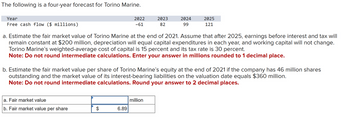 The following is a four-year forecast for Torino Marine.
Year
Free cash flow ($ millions)
a. Fair market value
b. Fair market value per share
2022
-61
$
a. Estimate the fair market value of Torino Marine at the end of 2021. Assume that after 2025, earnings before interest and tax will
remain constant at $200 million, depreciation will equal capital expenditures in each year, and working capital will not change.
Torino Marine's weighted-average cost of capital is 15 percent and its tax rate is 30 percent.
Note: Do not round intermediate calculations. Enter your answer in millions rounded to 1 decimal place.
6.89
2023
82
b. Estimate the fair market value per share of Torino Marine's equity at the end of 2021 if the company has 46 million shares
outstanding and the market value of its interest-bearing liabilities on the valuation date equals $360 million.
Note: Do not round intermediate calculations. Round your answer to 2 decimal places.
2024
99
million
2025
121