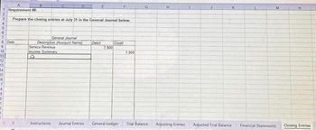 1 Requirement #8:
6
7
8 Date
9
10
11
3 Prepare the closing entries at July 31 in the General Journal below.
4
5
12
13
14
15
16
7
8
9
10
8
D
General Journal
Description (Account Name)
Service Revenue
Income Summary
3
E
Instructions Journal Entries
Debit
7,900
F
Credit
General Ledger
7,900
G
Trial Balance
H
Adjusting Entries
Adjusted Trial Balance
K
M
Financial Statements
N
Closing Entries