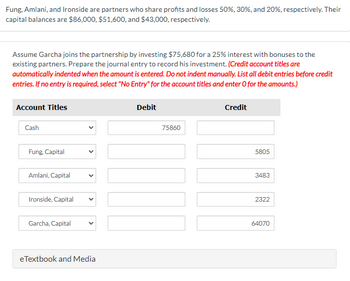 Fung, Amlani, and Ironside are partners who share profits and losses 50%, 30%, and 20%, respectively. Their
capital balances are $86,000, $51,600, and $43,000, respectively.
Assume Garcha joins the partnership by investing $75,680 for a 25% interest with bonuses to the
existing partners. Prepare the journal entry to record his investment. (Credit account titles are
automatically indented when the amount is entered. Do not indent manually. List all debit entries before credit
entries. If no entry is required, select "No Entry" for the account titles and enter O for the amounts.)
Account Titles
Cash
Fung, Capital
Amlani, Capital
Ironside, Capital
Garcha, Capital
eTextbook and Media
Debit
75860
Credit
5805
3483
2322
64070