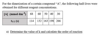 For the dimerization of a certain compound "A", the following half-lives were
obtained for different reagent concentrations.
[A] (mmol dm³3)
686050
60 50 40 30
t1/2 (s)
114 132 163 198 266
a) Determine the value of k and calculate the order of reaction